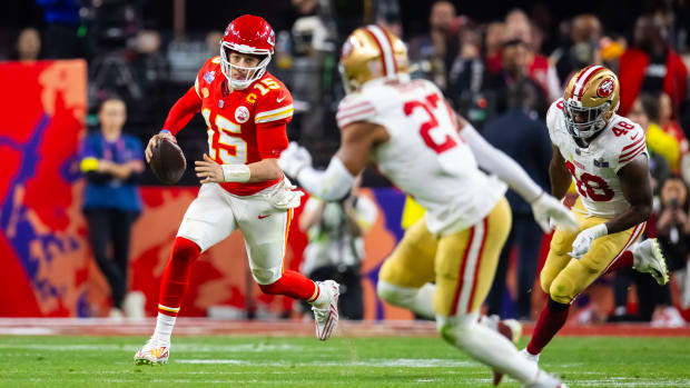 Kansas City Chiefs quarterback Patrick Mahomes against the San Francisco 49ers during Super Bowl LVIII.